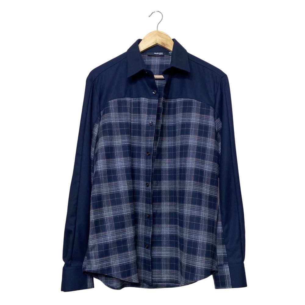 Murano Mens Slim Fit Button Down Shirt Navy Blue Plaid Mixed Media Long Sleeve L